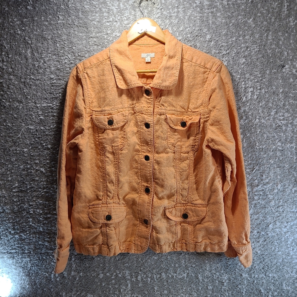 J. Jill Womens Utility Linen Jacket Size Large Orange Pockets READ